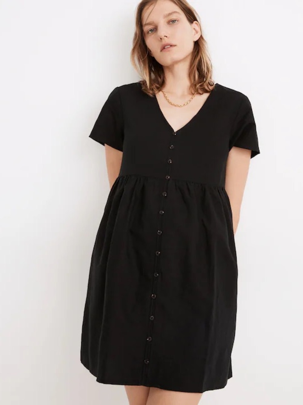 Madewell Black Linen-Blend Alexandra Button-Front Mini Dress